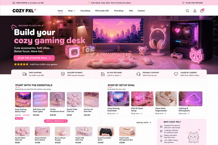 Pastel cozy gaming desk setup with cute accessories