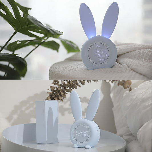 Bunny Glow Desk Clock with bunny ears LED night light on cozy desk